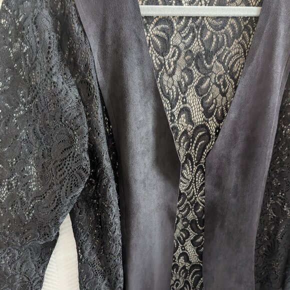 Simon Chang Lace Crochet Duster Faux Suede Fringe Black Size 10, M, Whimsigoth - Picture 10 of 13